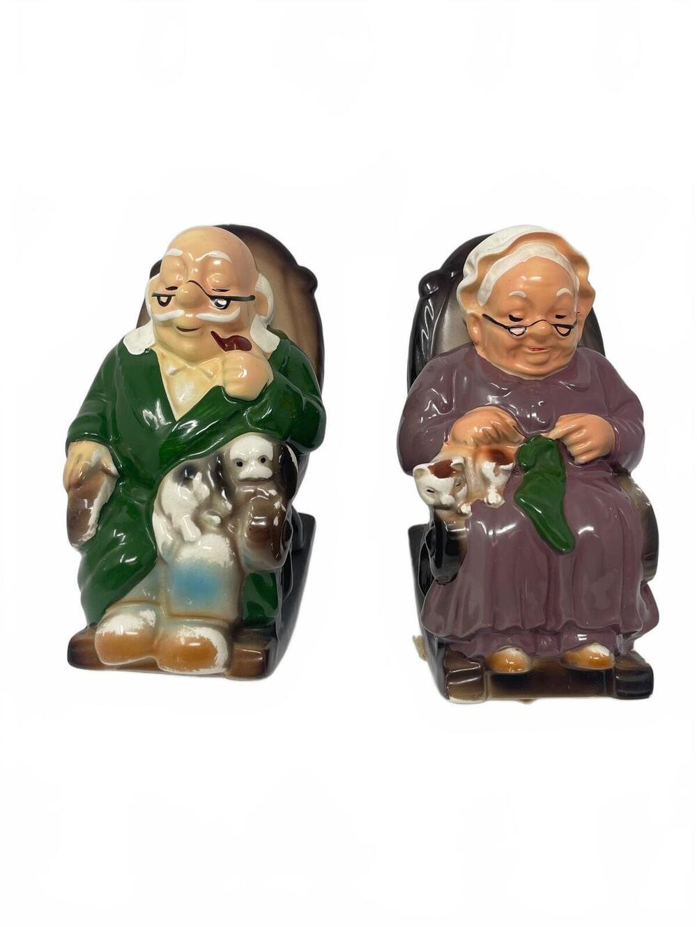Vintage Retirement Fund Coin Banks Grandparents Rocking Chair Ceramic Set Pair